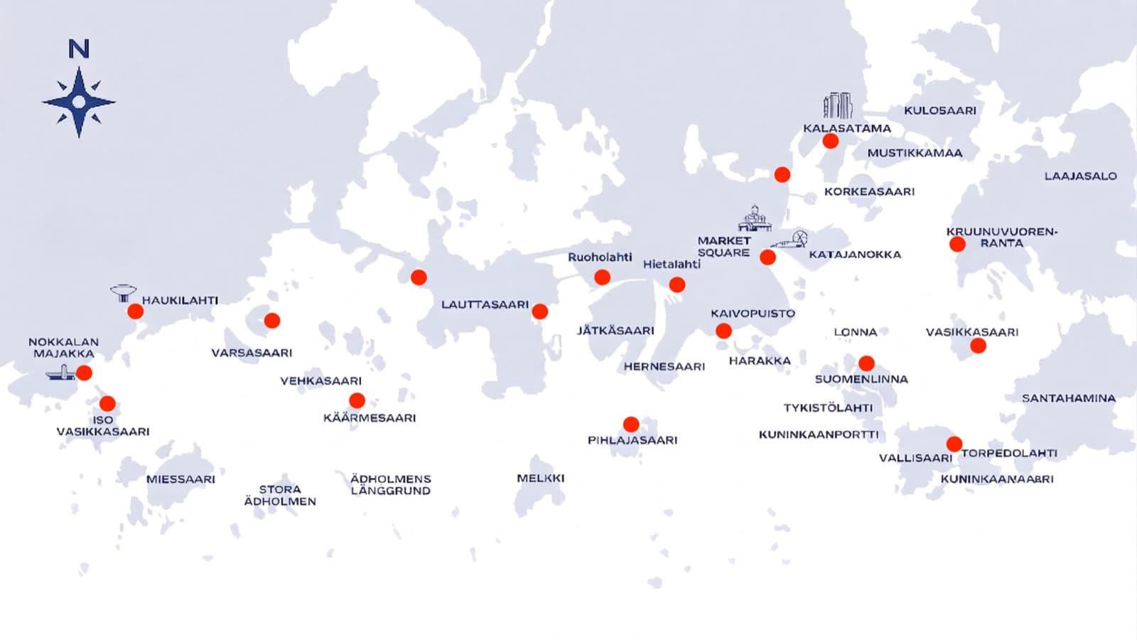 Map showing Vip Yacht recommended routes and departure points in the Helsinki archipelago