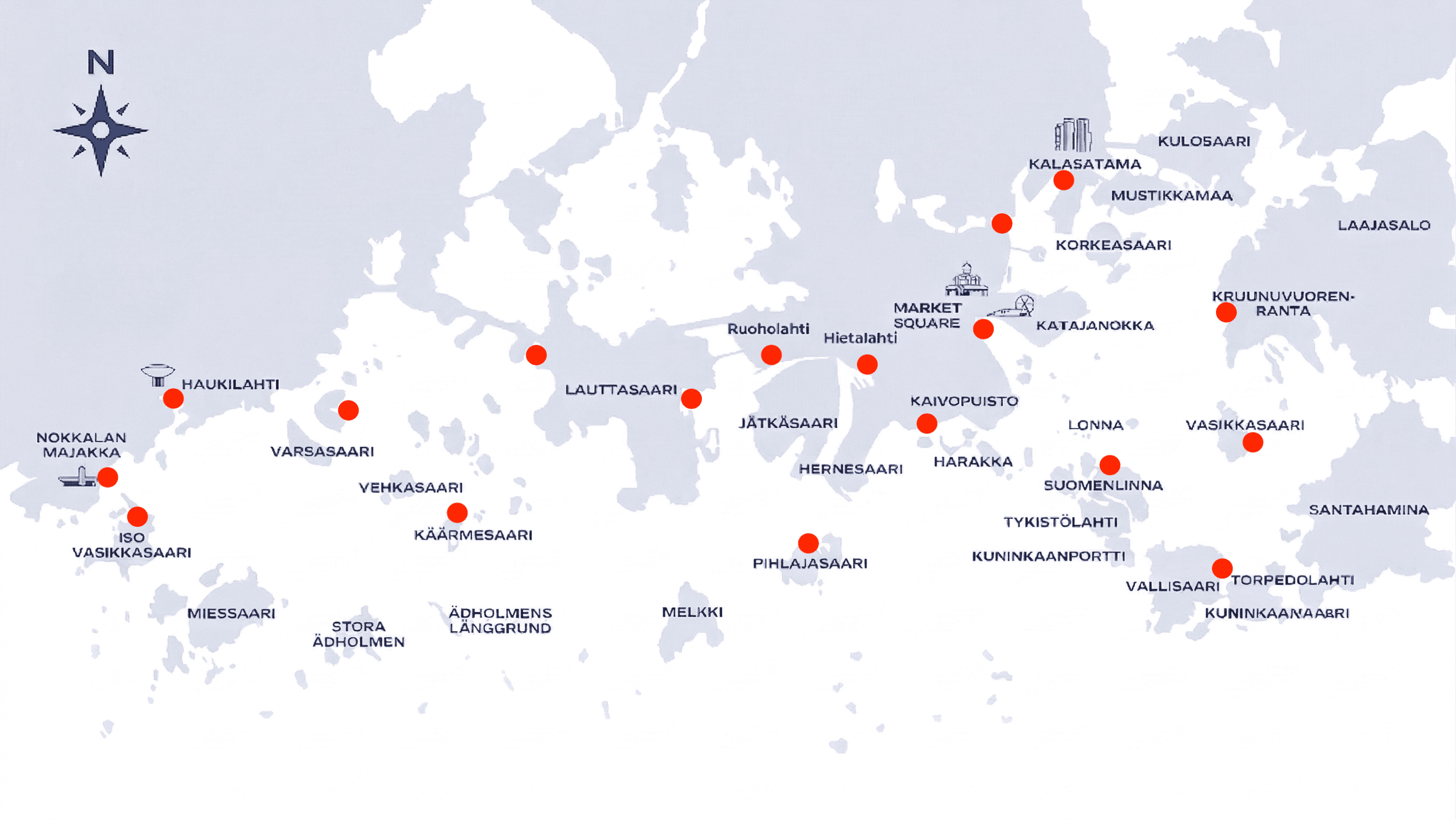 Kartta VipJahdin suosittelluista reiteistä ja lähtöpaikoista Helsingin saaristossa